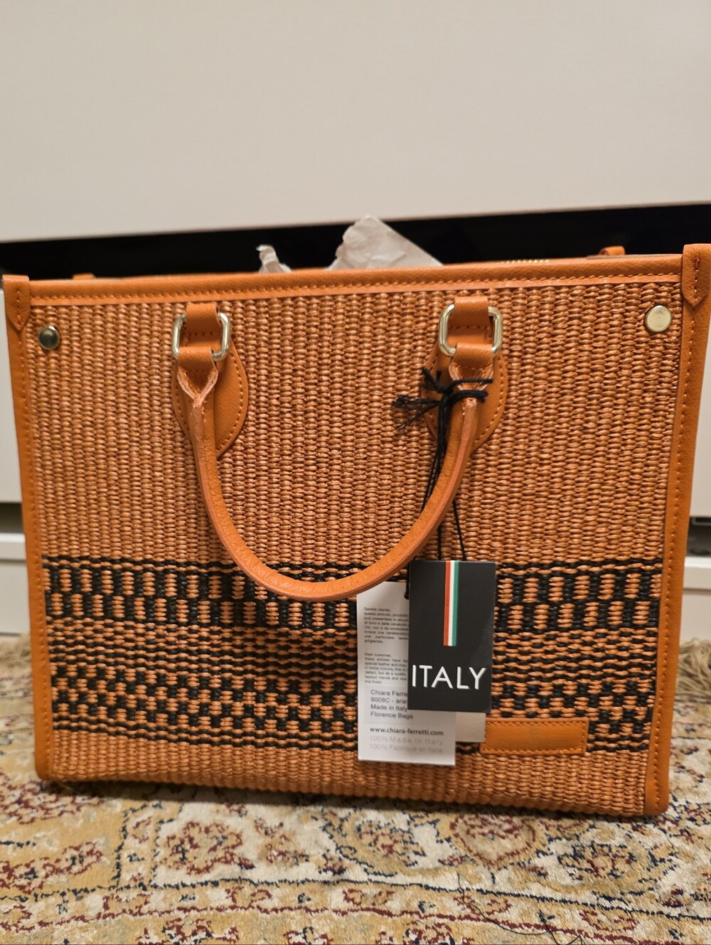 NWT Chiara Ferretti Orange Woven Raffia Leather Tote Italy